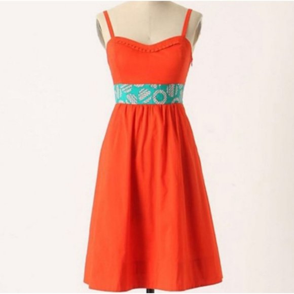 Anthropologie Edme & Esyllte Graphical Orange Red Babydoll Dress - Picture 2 of 4